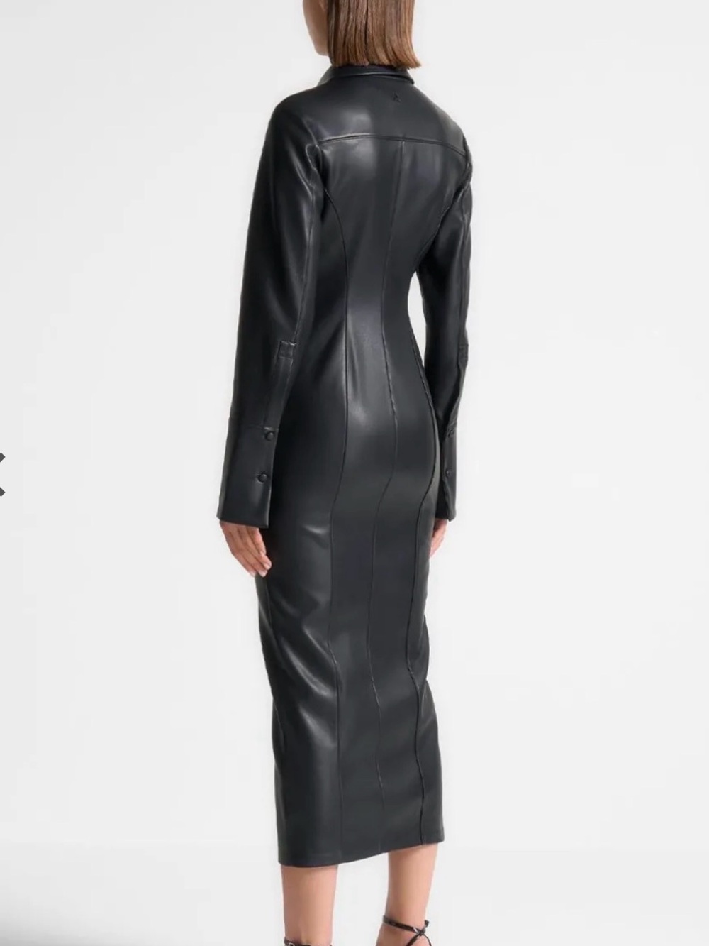 Maniere De Voir Black Faux Leather Midaxi Dress with Front Slit - Picture 2 of 9